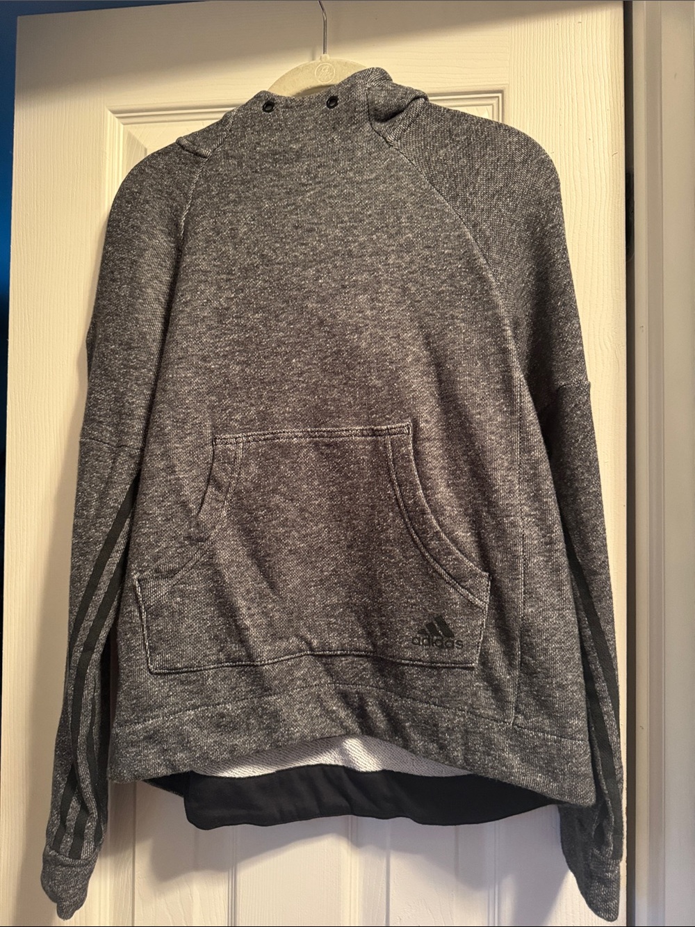 adidas women’s  Dark Gray Crewneck Hoodie with Striped Sleeves